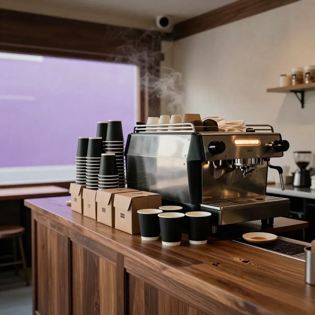 Completed café counter with espresso machine, matte-black cups, frosted vinyl and takeaway boxes.
