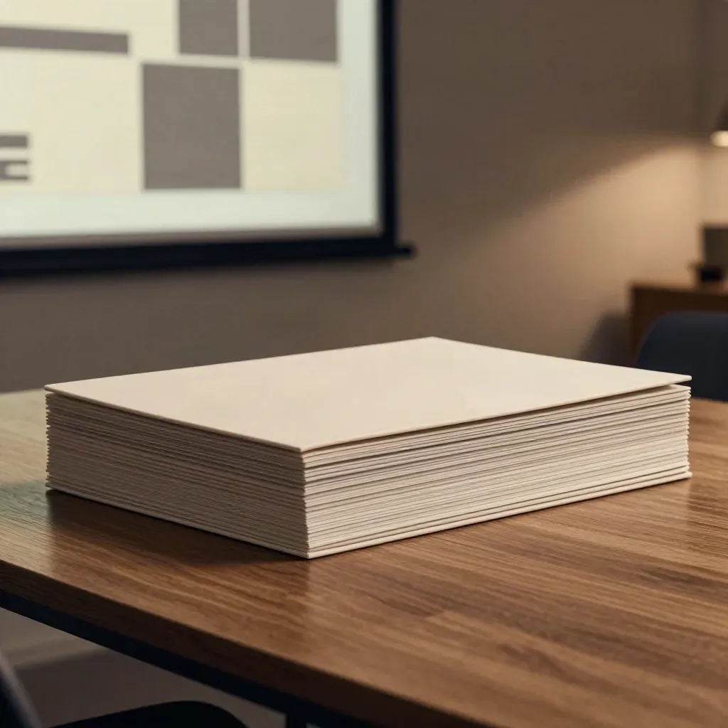 Slate presentation folio and slide boards beside a screen in a tense meeting-room setup.
