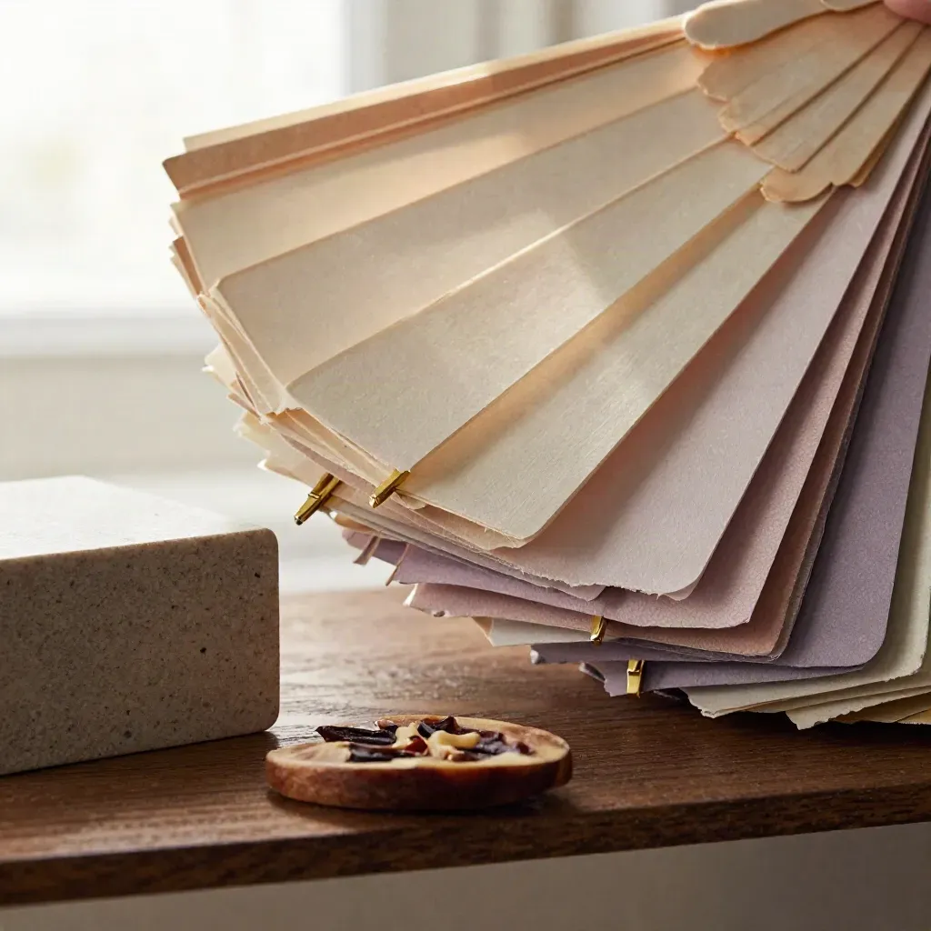 Macro of premium paper swatches, brass clips and a travertine sample on a walnut shelf, lit with dust motes.