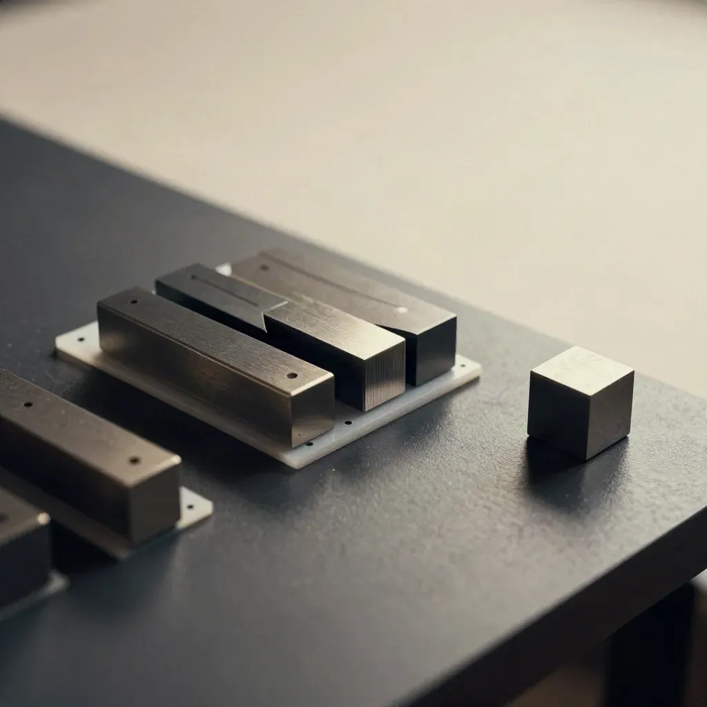 Metal typography blocks, adhesive dots, and a calibration cube on a charcoal workbench