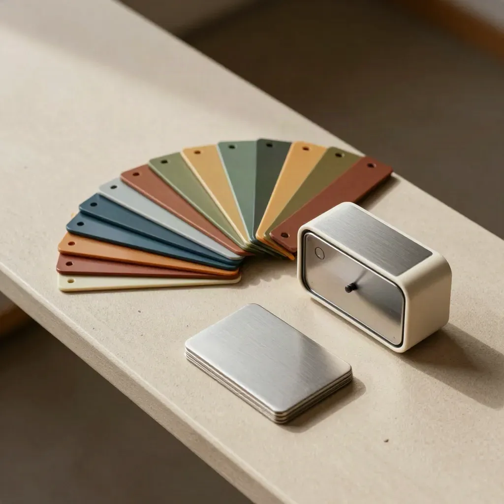 Color-coded acrylic tabs, a timer, and clip stack on a khaki studio surface in soft daylight.
