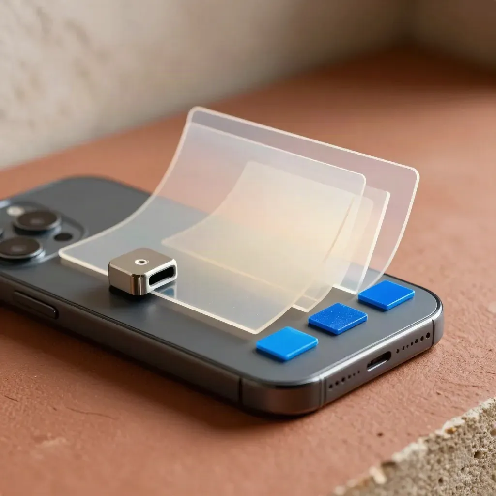 Phone, acetate motion frames, clip light, and blue gels on a terracotta surface