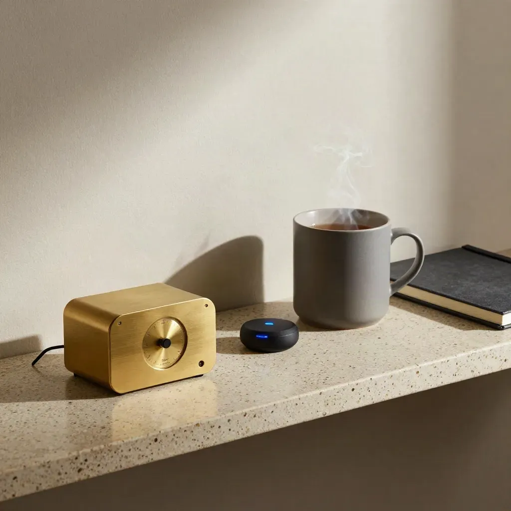 Brass timer, ceramic mug, call puck and notebook on a stone shelf with warm steam