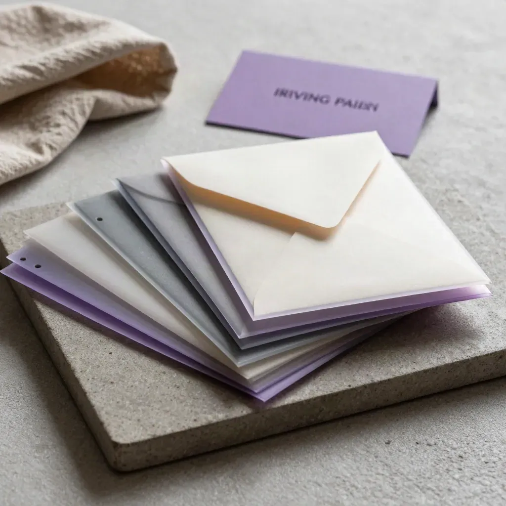 Acetate overlays, index tabs and a project envelope arranged on a stone tray under soft violet light.