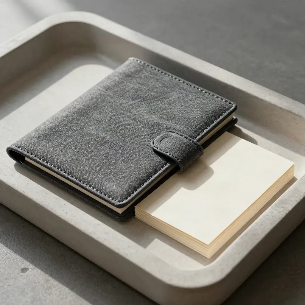 Closed linen folio, archive sleeve and delivery cards in a shallow plaster tray on a pale surface.