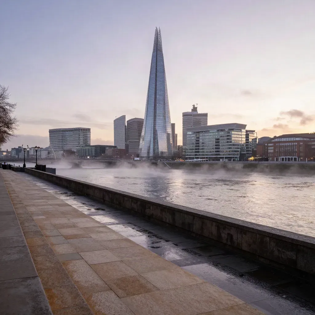 London dawn skyline with The Shard above misty Thames and South Bank terraces