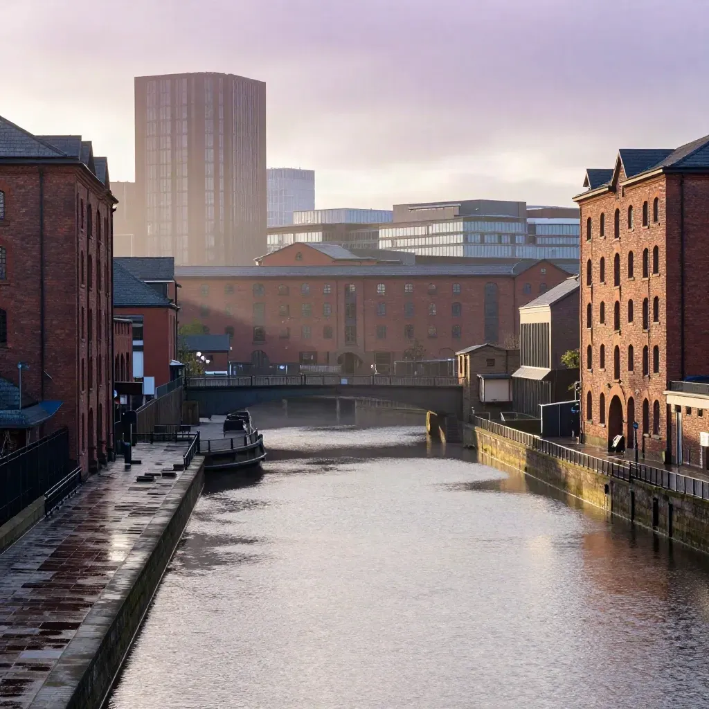 Manchester warehouse skyline and canal viaducts in misty golden dawn after rain