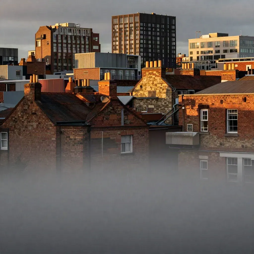 Golden-hour Jewellery Quarter rooftops with calm haze and open copy space below.
