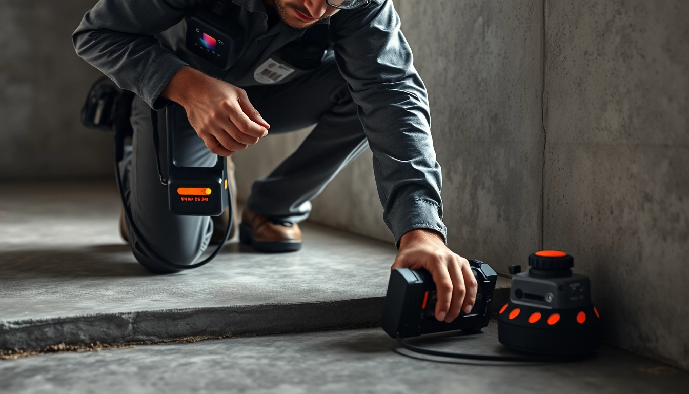 Technician detecting a leak in concrete floor with advanced technology.