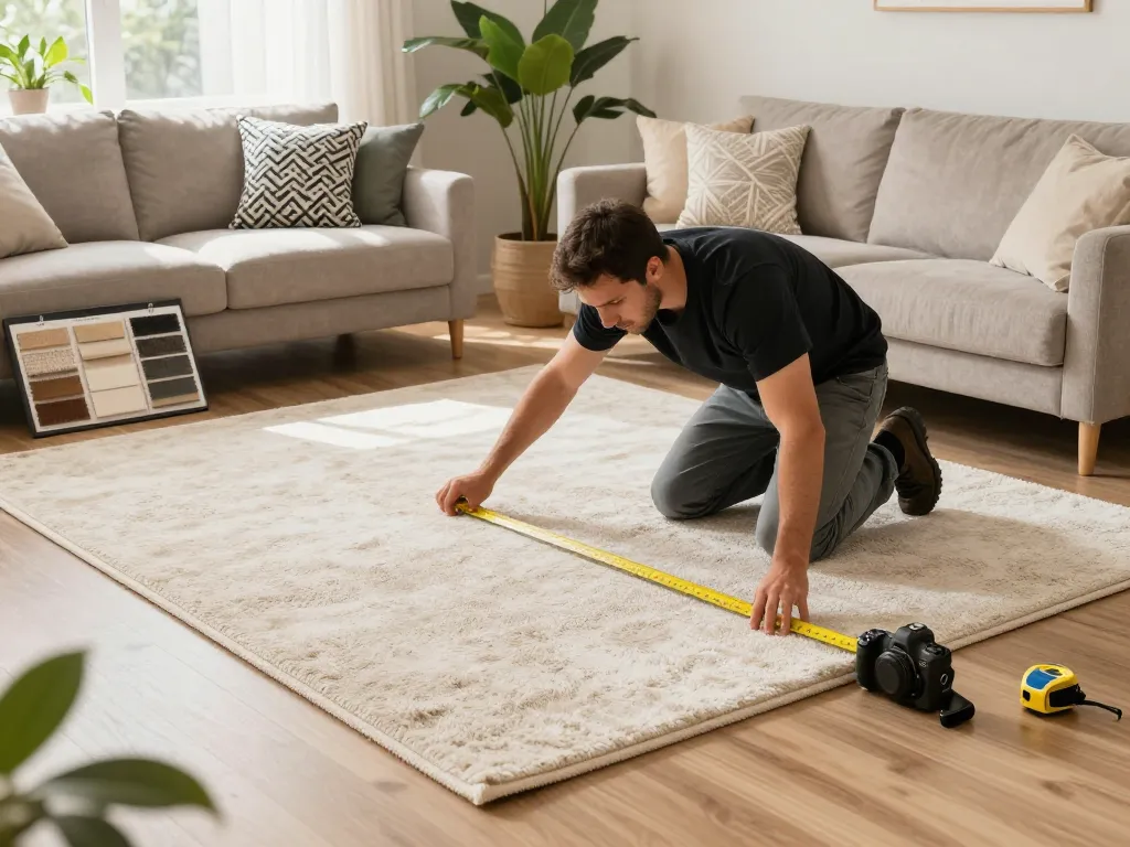 Professional carpet fitters near me installing a stylish carpet in a bright living room.