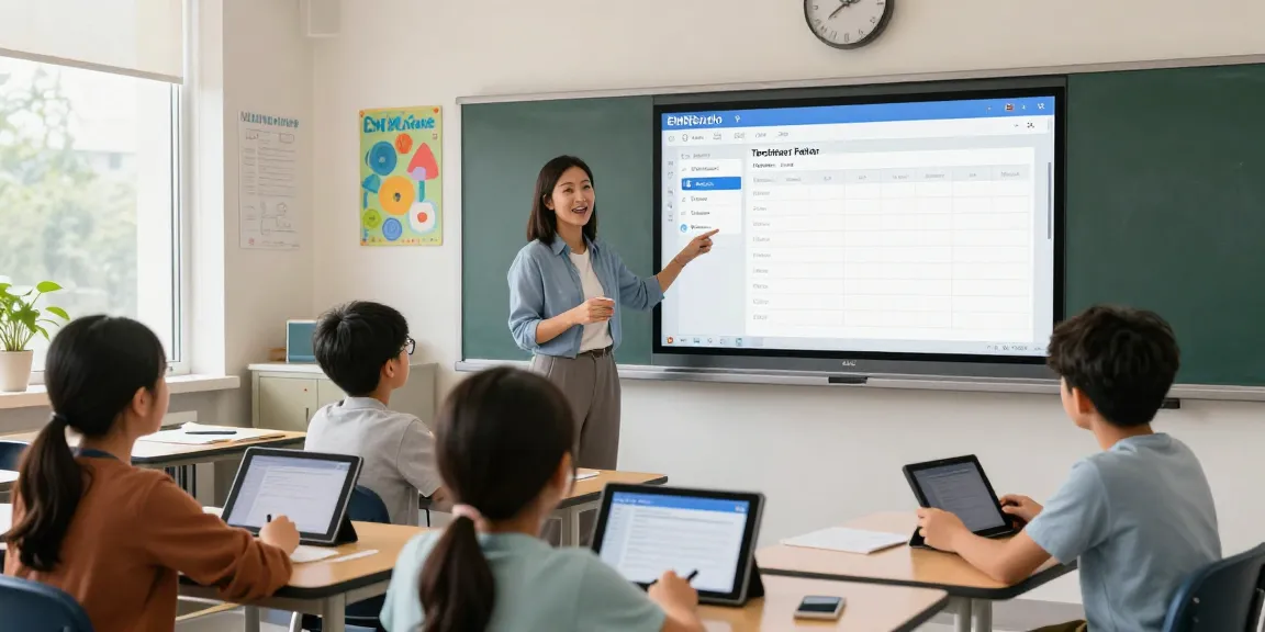An interactive classroom scene using EMStudio, an online teacher planner, showcasing students engaging with an online lesson planner for effective teaching.