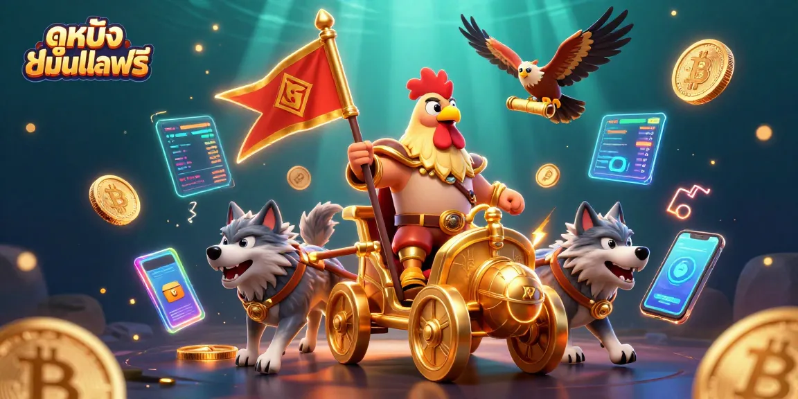 Experience ดูหนังออนไลน์ฟรี through a captivating and energetic gambling-themed 3D illustration showcasing a rooster warlord, wolves, and crypto elements.