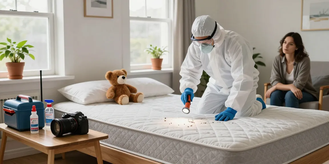 Bed bug removal expert inspecting mattress for pests in a well-lit room