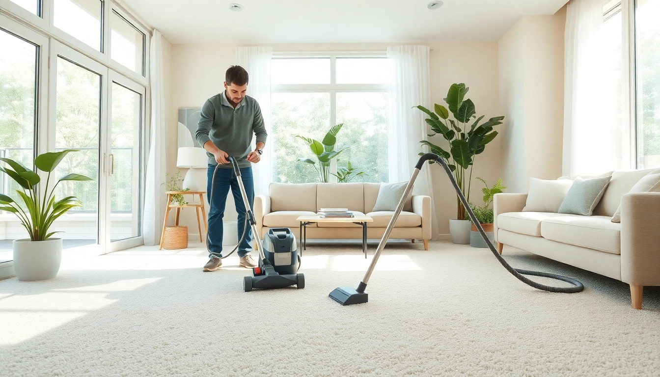 Experience exceptional Glasgow carpet cleaning with a technician revitalizing a plush carpet in a bright living room.
