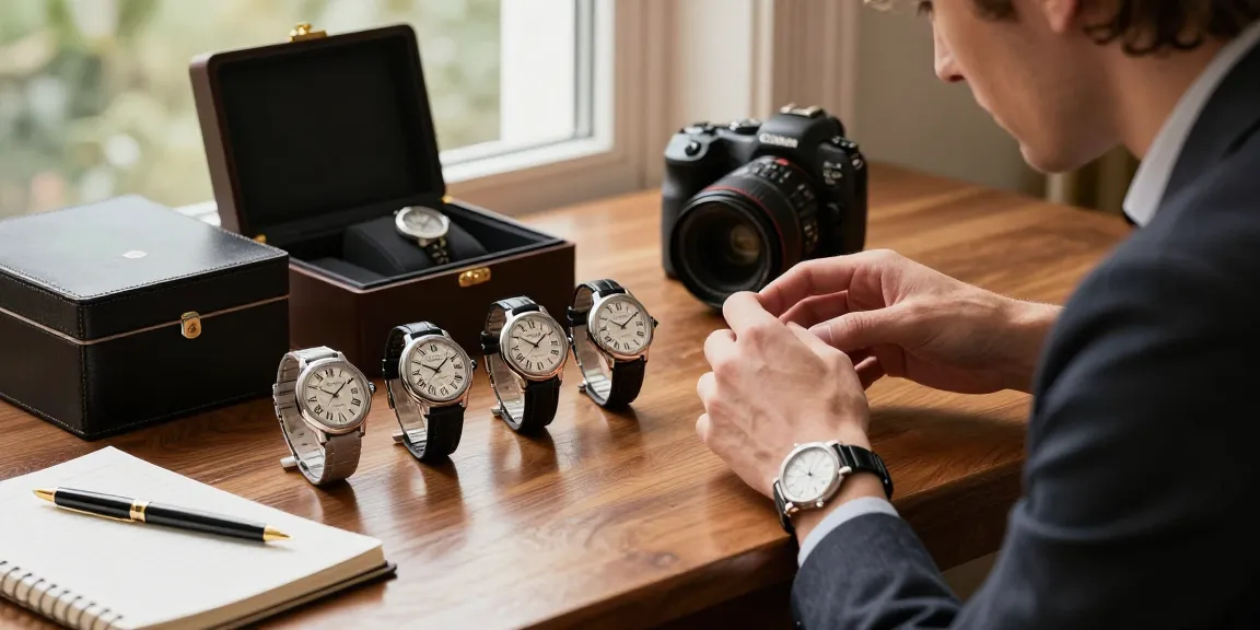 Showcasing super clone watches on a polished table with a stylish individual examining them.
