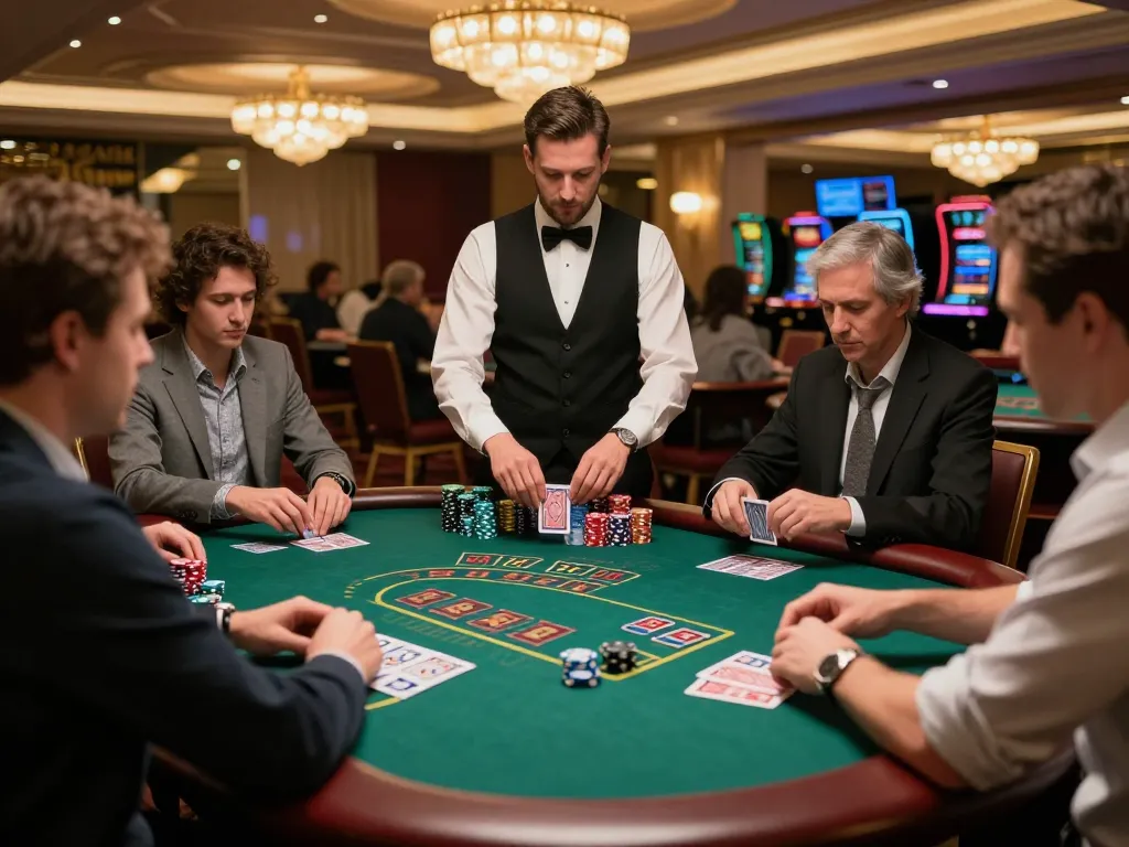 E2bet players intensely strategizing at a blackjack table in a luxurious casino.