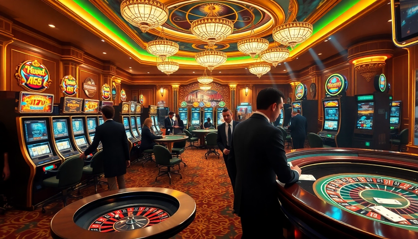 Kuwin casino scene showcasing players engaged in high-stakes poker with vibrant slot machines in the background.