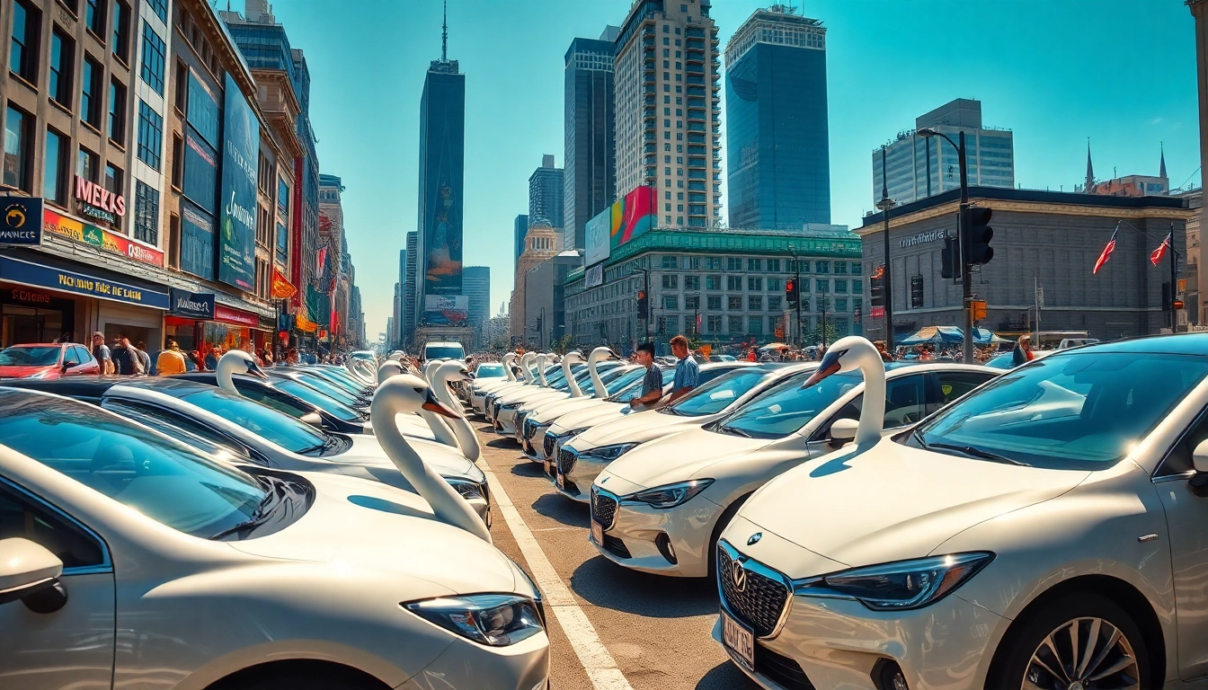 Admiring Swan Cars lining up in a vibrant city, showcasing sleek designs and urban life.