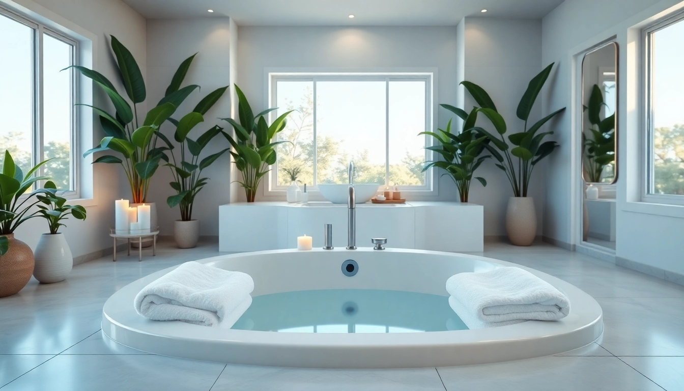 Relaxing elegant bathrooms with a modern soaking tub and soothing decor create a tranquil retreat.