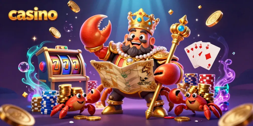 Experience the thrilling casino world with a golden crab emperor in an action-packed casino scene.