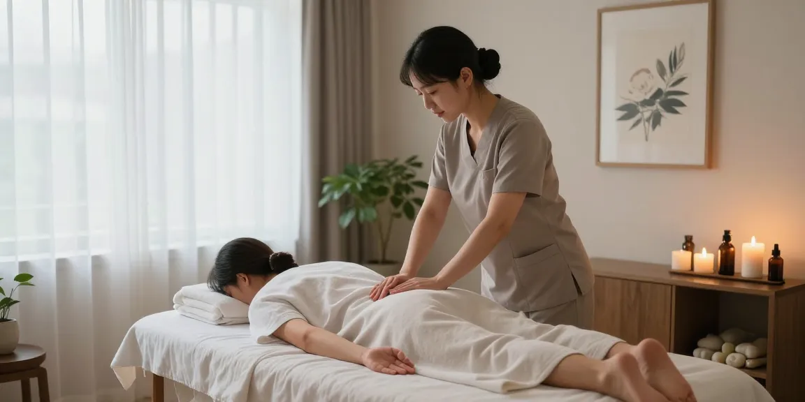 Expert therapist providing 야탑출장안마 in a serene home setting with calming atmosphere.