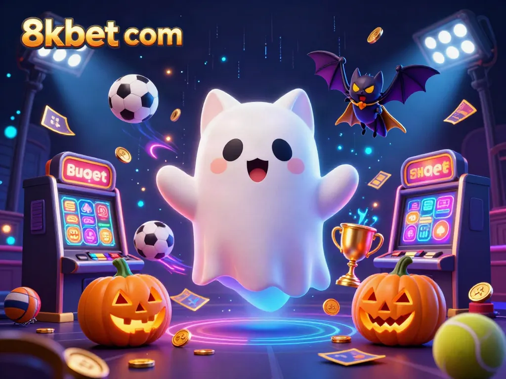 Experience thrilling fun at 8xbet com with a colorful haunted casino scene featuring a ghost cat and sports elements.