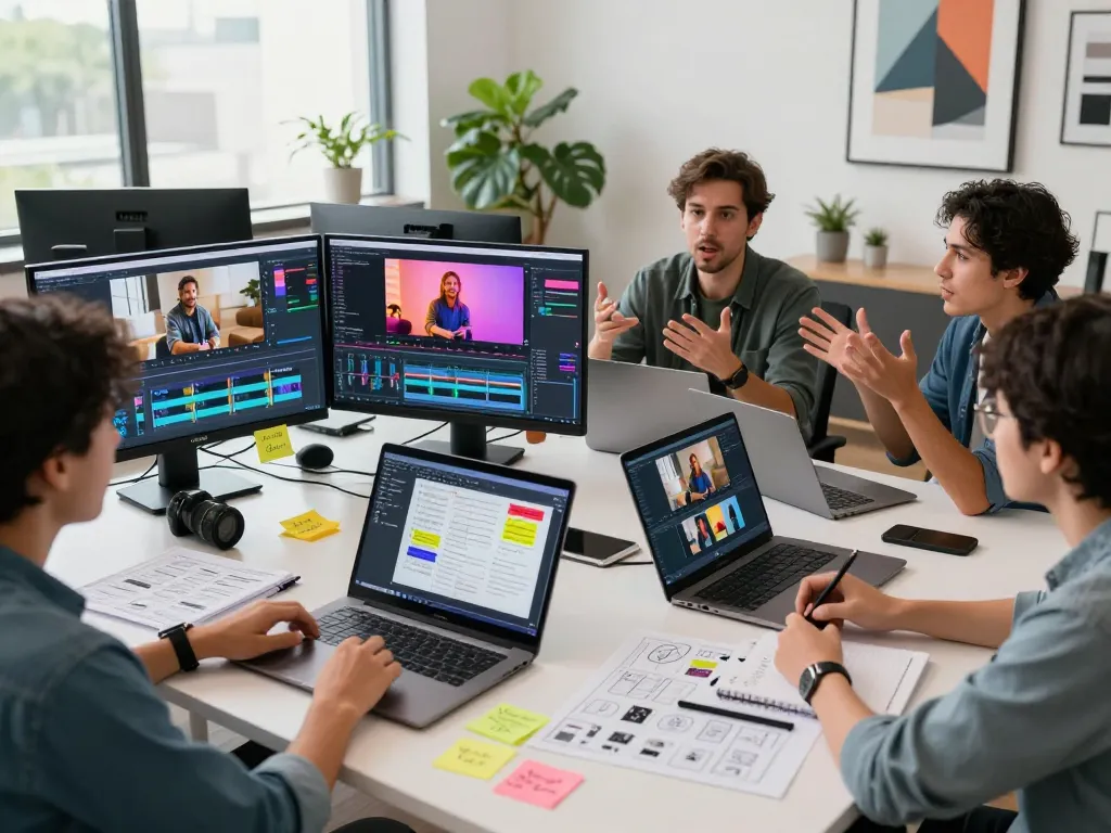 Team using video to prompt in a modern workspace for creative collaboration and brainstorming.