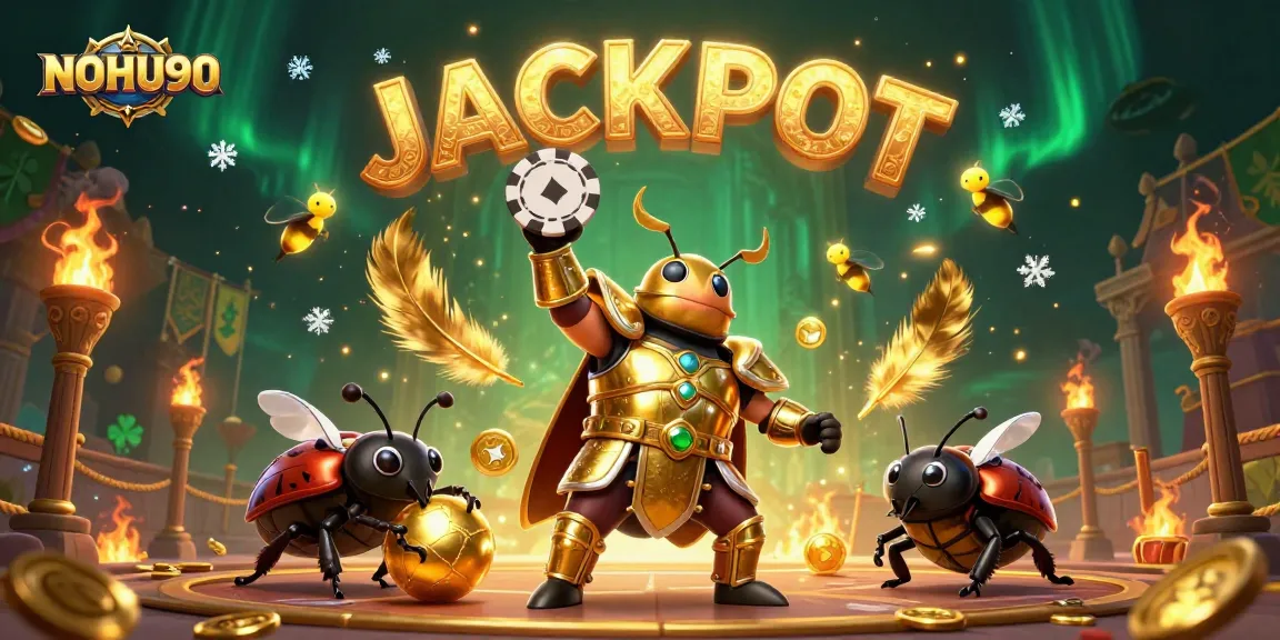Experience the thrill of NOHU90 as a hercules beetle celebrates victory over a poker chip, with dynamic casino elements.