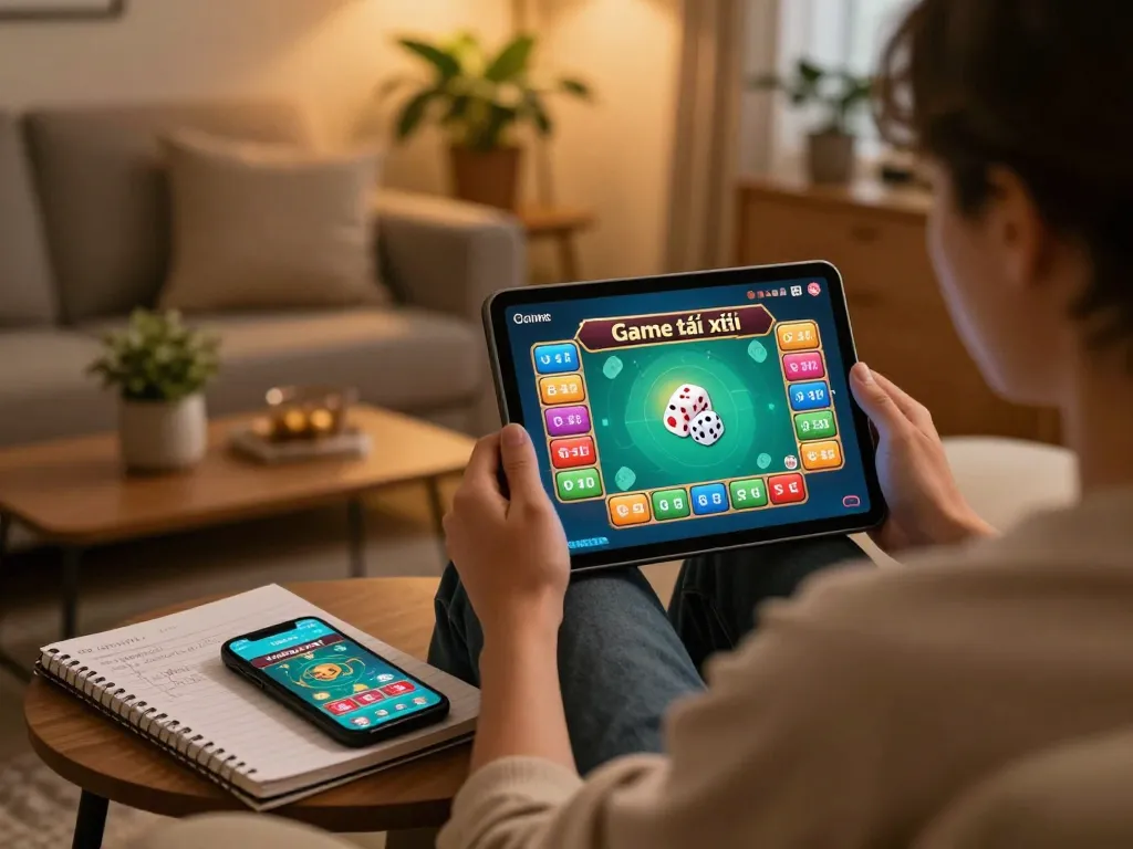 Engaged player exploring Game tài xỉu on tablet in cozy home environment, showcasing responsible gaming.