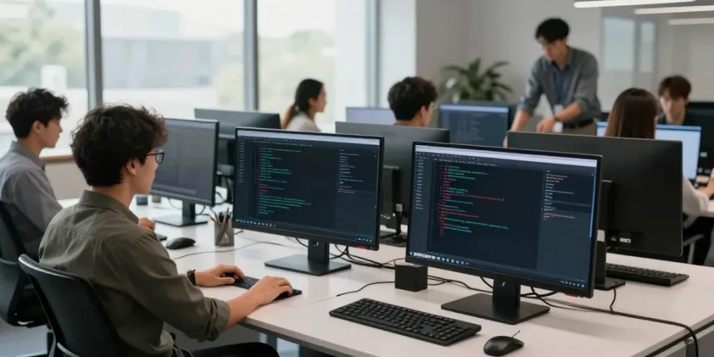 Developer using instant indexing tools in a high-tech workspace.