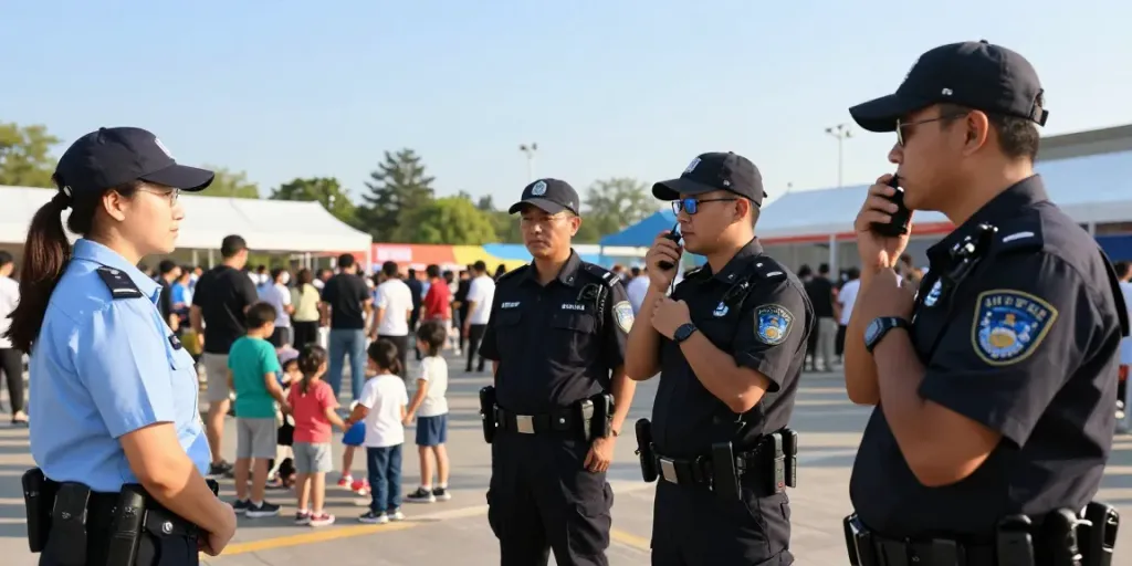 Security Services team ensuring public safety at an event, trusted local service, professional atmosphere.