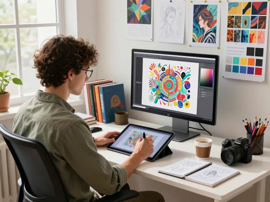 A digital artist using an image to prompt generator in a bright workspace, showcasing creativity and technology.