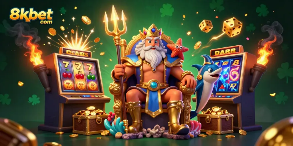 Spin jackpots and win big at 8xbet com, featuring Neptune and vibrant casino elements.