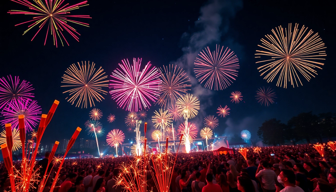 Engaging display of wholesale fireworks illuminating the night sky at a festive gathering.