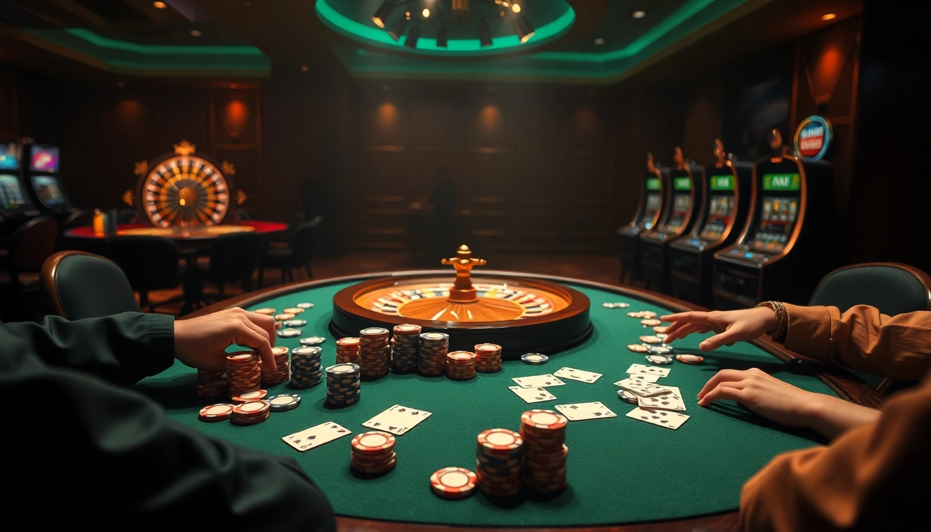 Experience the thrill of gambling at https://qq88.to/ with a vibrant poker table scene featuring dynamic players and luxury decor.
