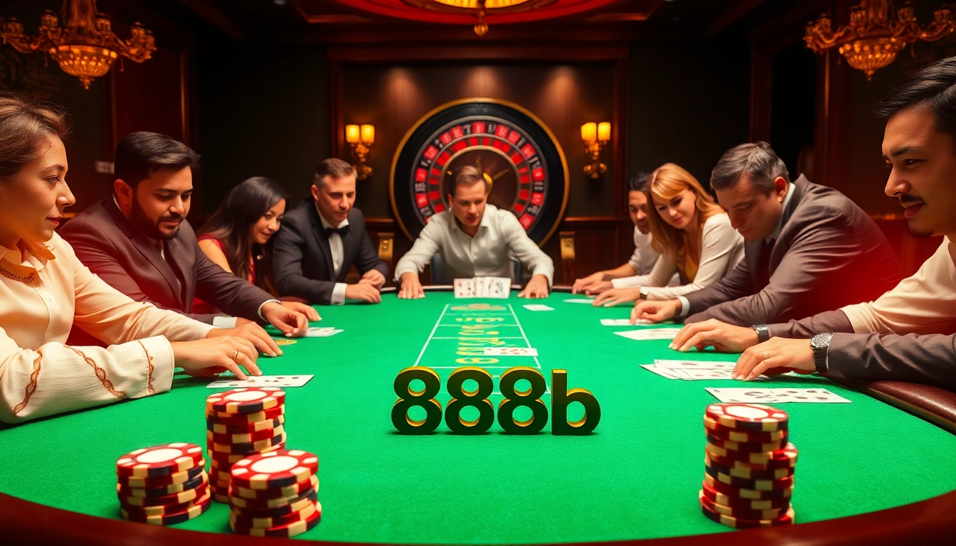 A thrilling poker game featuring 888b chips and excited players in a vibrant casino atmosphere.