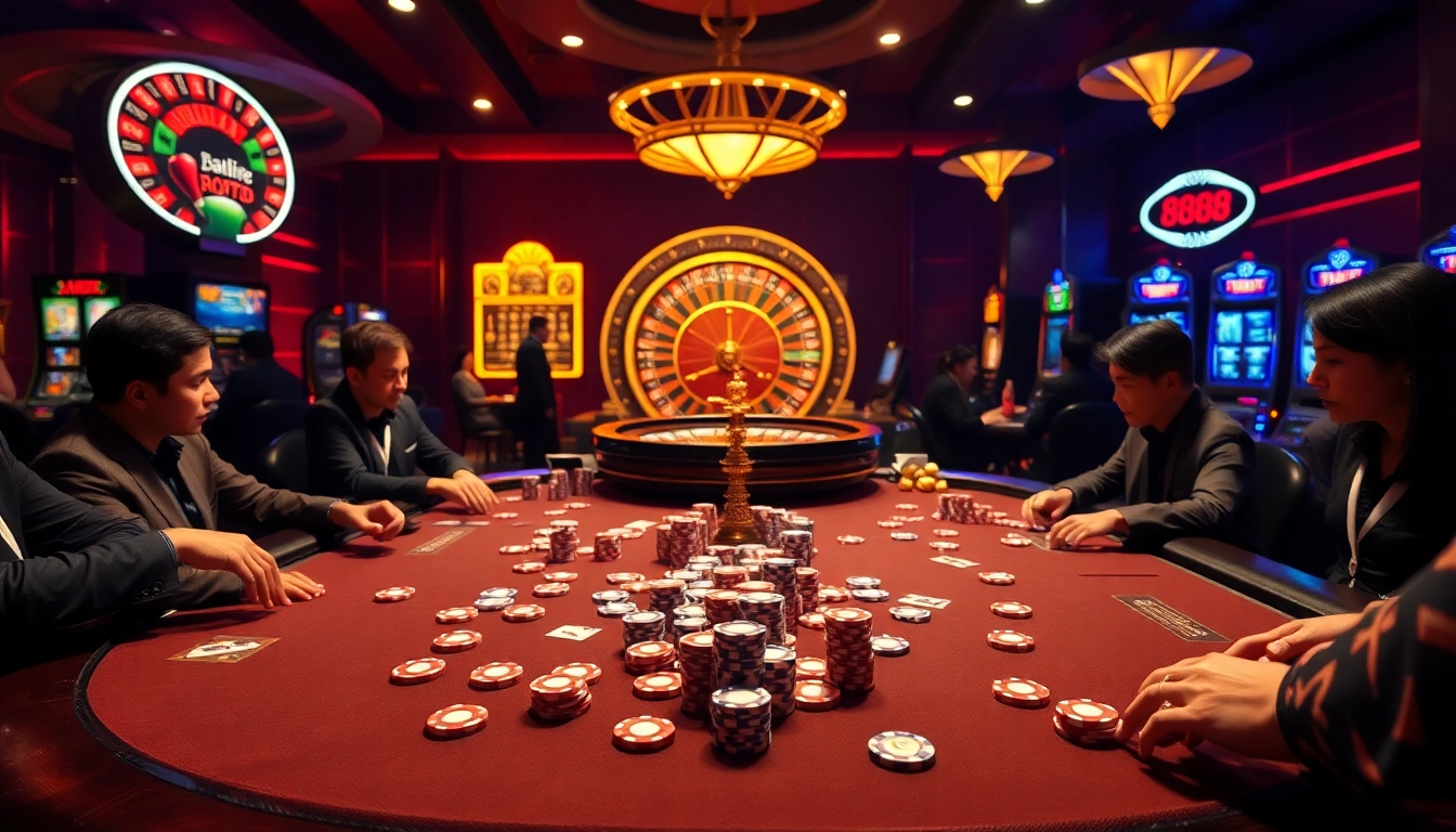 Exciting poker action and online gaming elements highlighting nhà cái 888b in a luxurious casino setting.