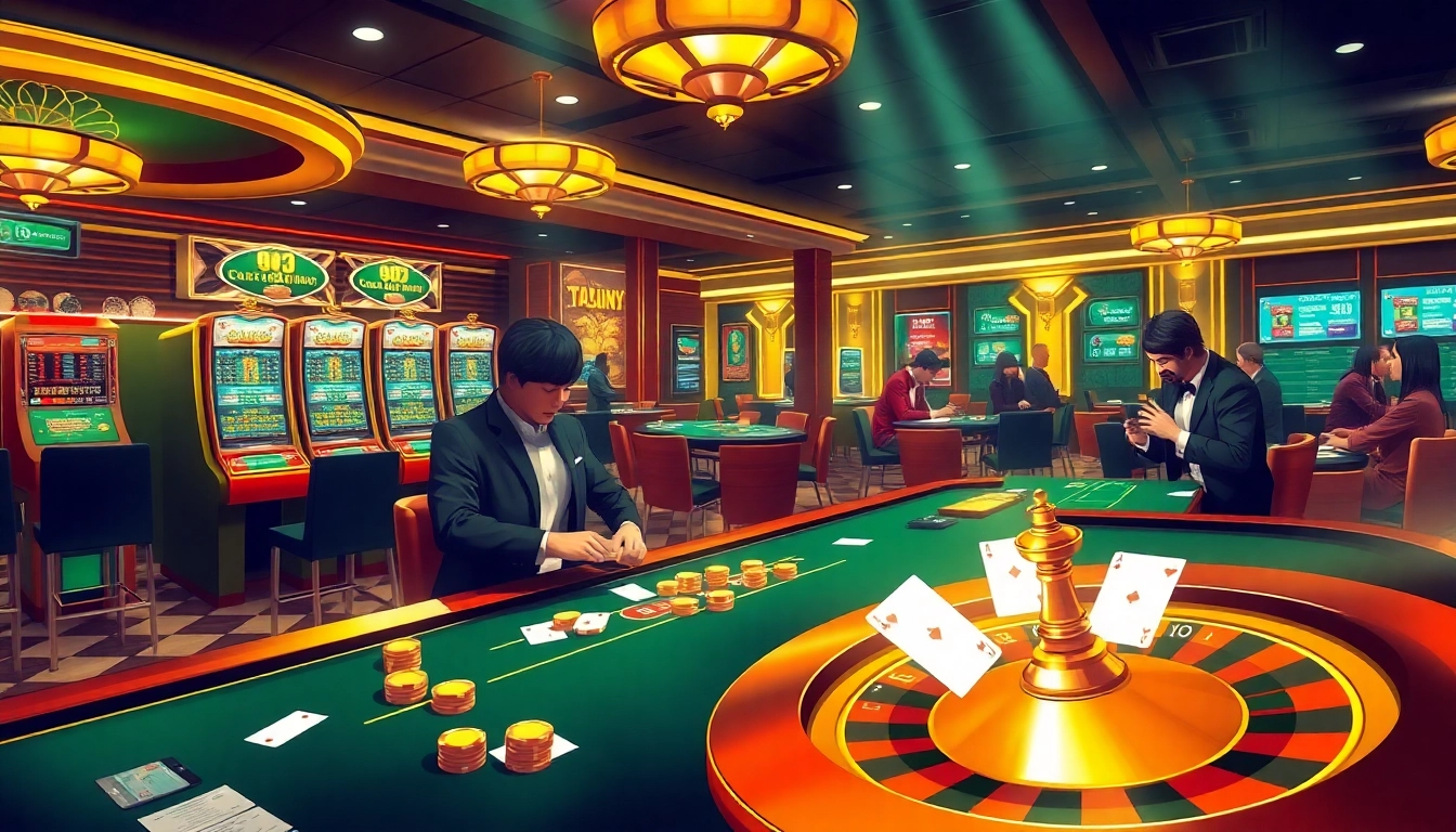Experience the thrill of gaming at https://13win2025.online/ with an elegant online casino scene featuring tables, slot machines, and intense poker action.