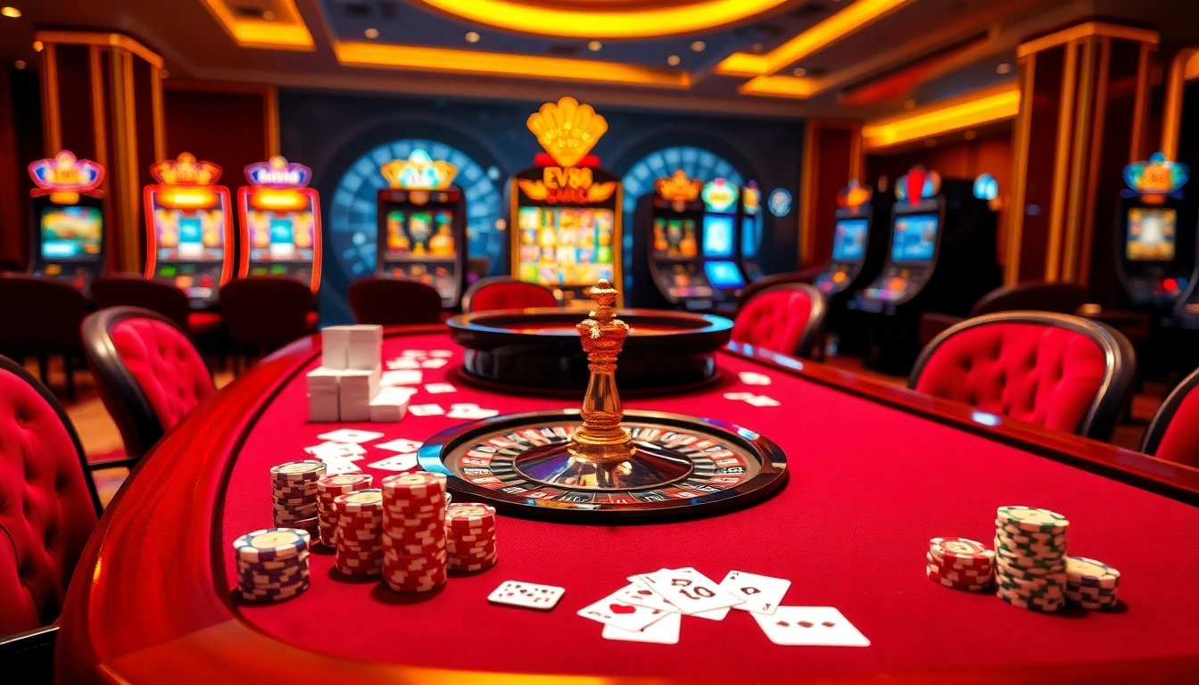 Experience EV88's luxurious casino atmosphere with vibrant gambling elements.