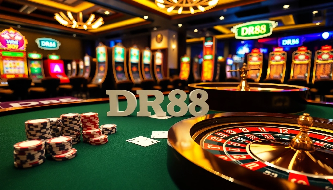 Experience the thrill at DR88 with luxury casino visuals showcasing poker and roulette.