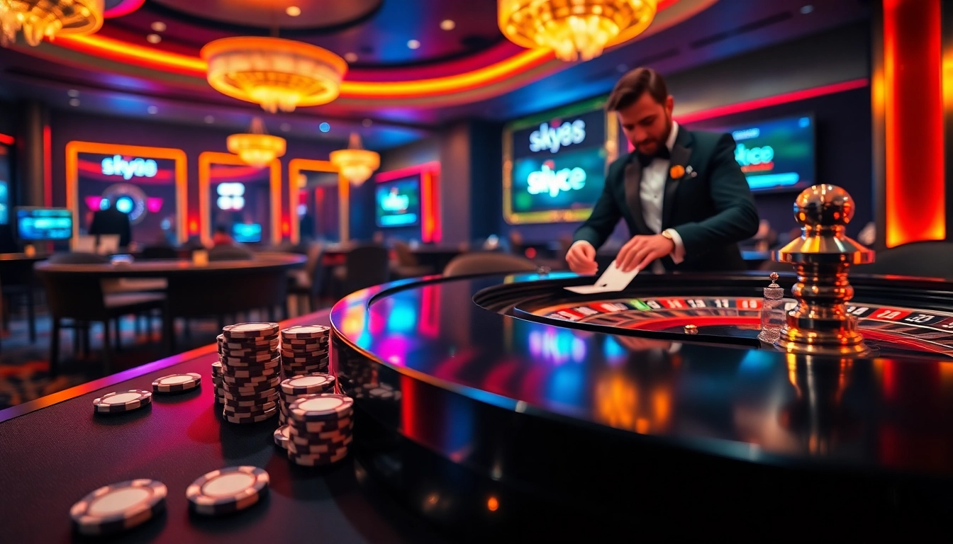 Sky88 casino scene featuring a professional dealer, vibrant roulette wheel, and polished poker chips.
