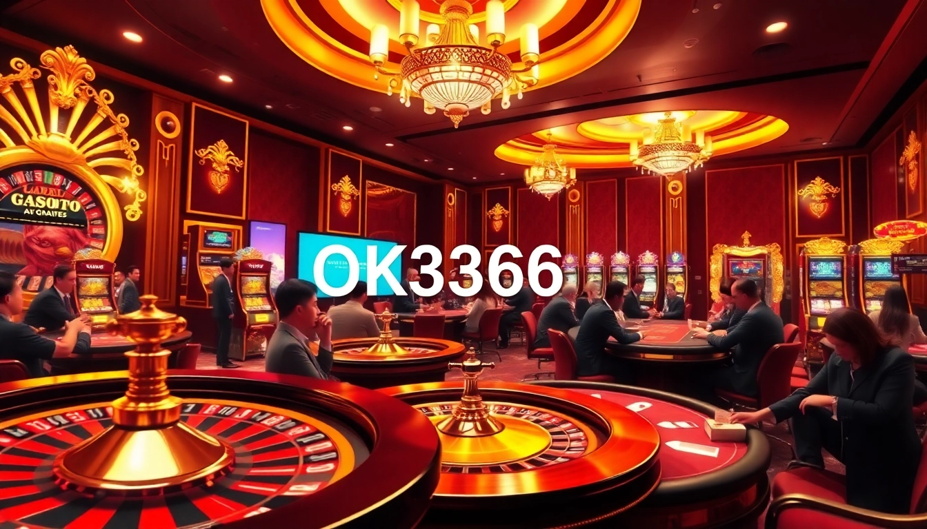 Vibrant casino scene featuring poker tables and slot machines with players enjoying OK8386 gaming experience.