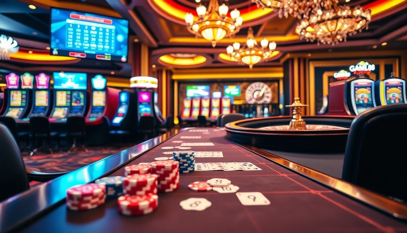 Dynamic casino scene showcasing gem88's exciting gaming atmosphere with vibrant tables and illuminated slot machines.