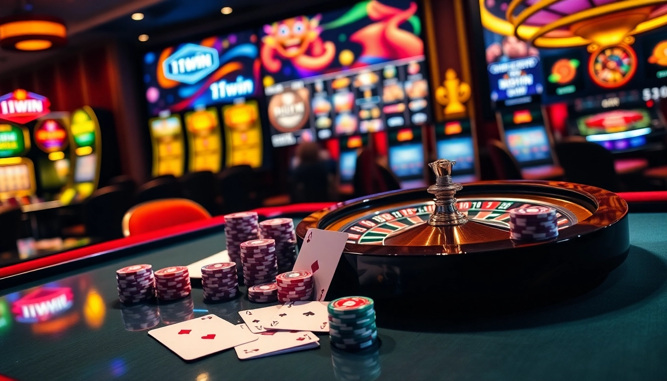 Experience the excitement of 11win in a vibrant casino setting with roulette and poker chips.