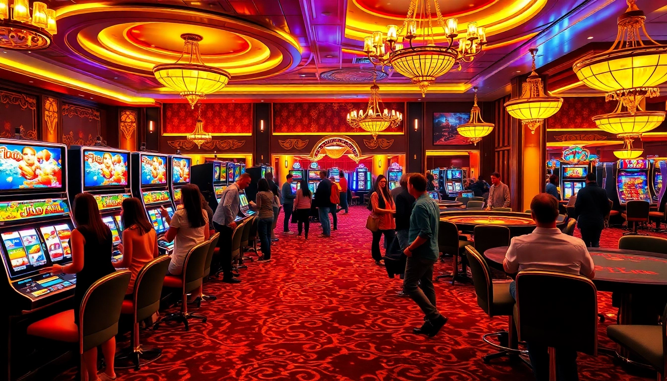 Players enjoying diverse Slot machines in a vibrant casino setting, capturing excitement and luxury.