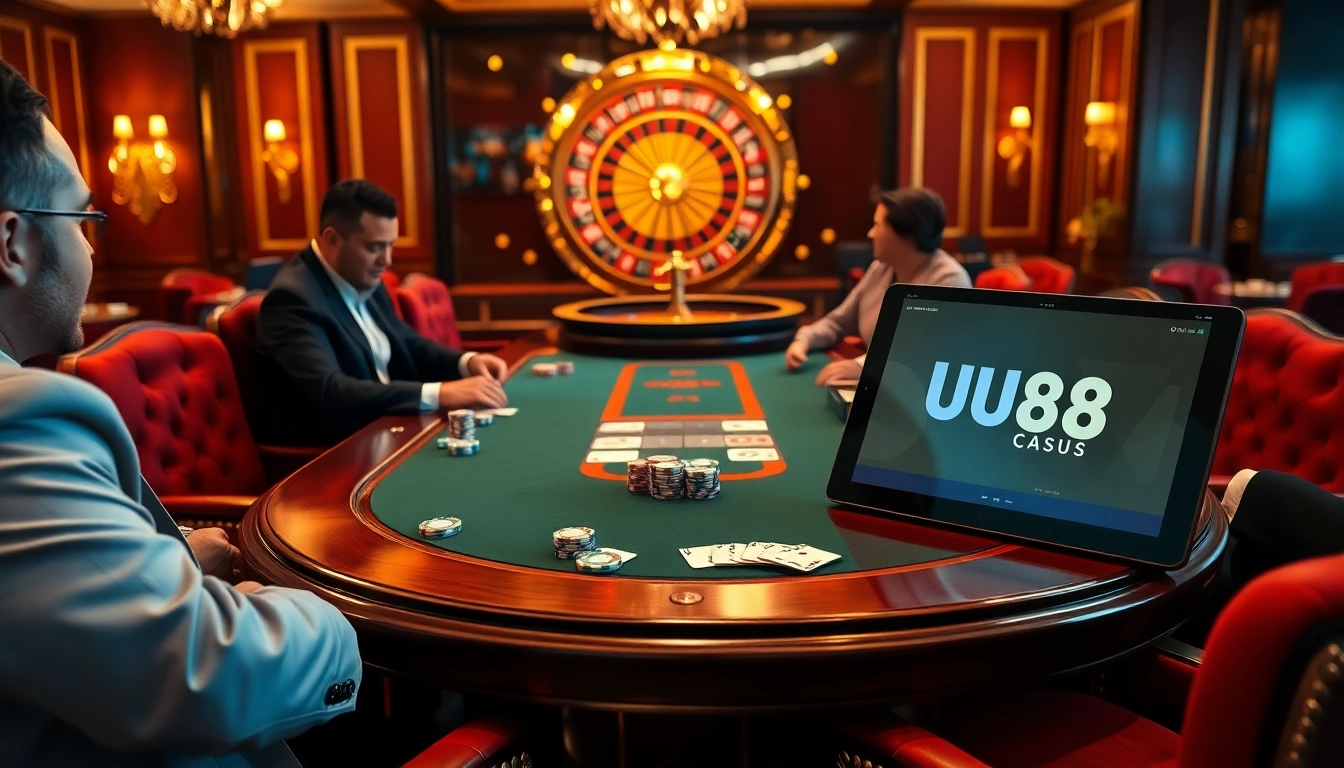 Exciting poker gameplay atmosphere featuring the luxurious interface of https://uu88.casa/ with poker chips and cards.