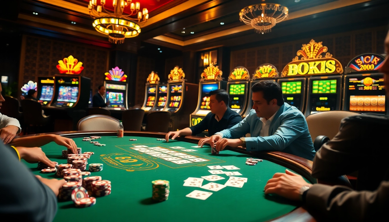 A vibrant casino scene with players enjoying poker at a table, showcasing the excitement of 789BET COM.