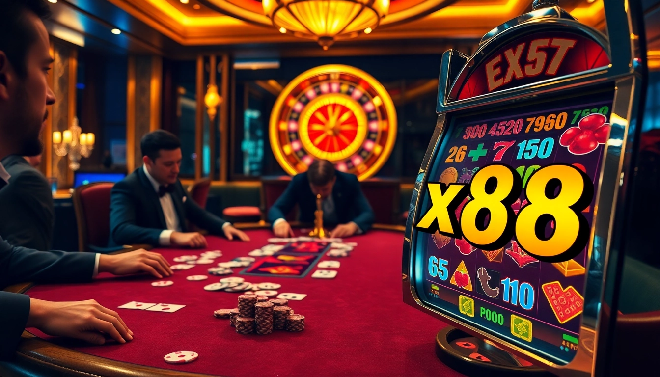 Gambling enthusiasts playing poker and enjoying a lively atmosphere at xx88 casino.