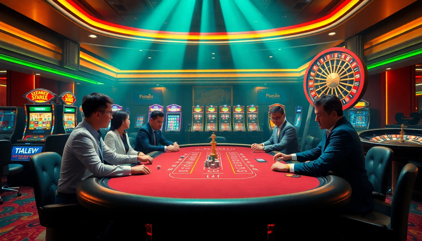 A lively casino scene depicting players at the poker table and vibrant slot machines, reflecting the excitement of five88 com.