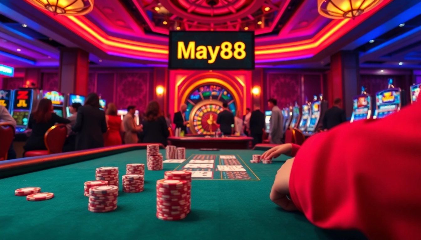 May88 Luxurious casino atmosphere with poker chips and cards on an elegant table.